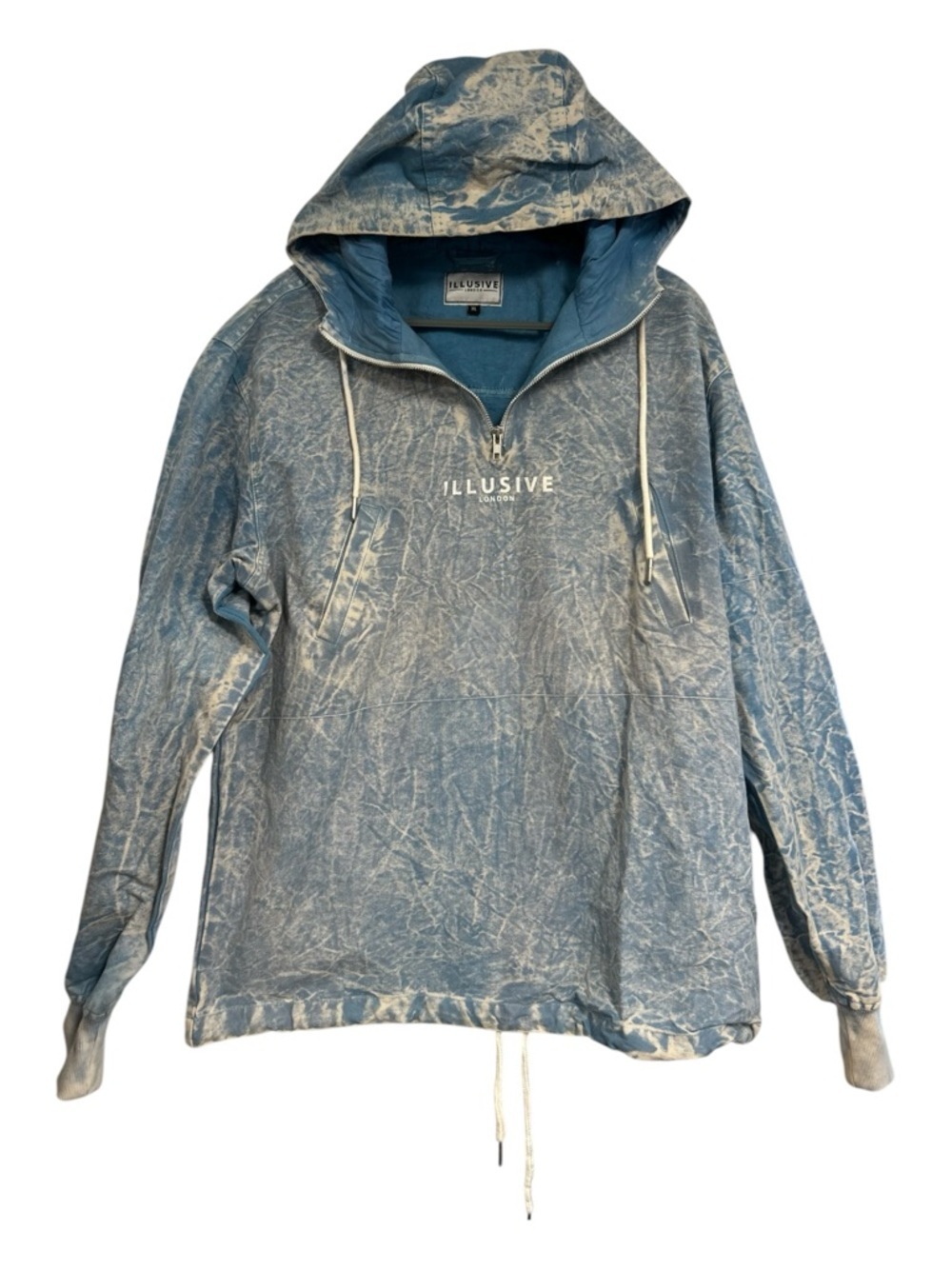 Mens Blue Acid Wash Hooded Pullover Sweatshirt Quarter-zip Denim Size XL